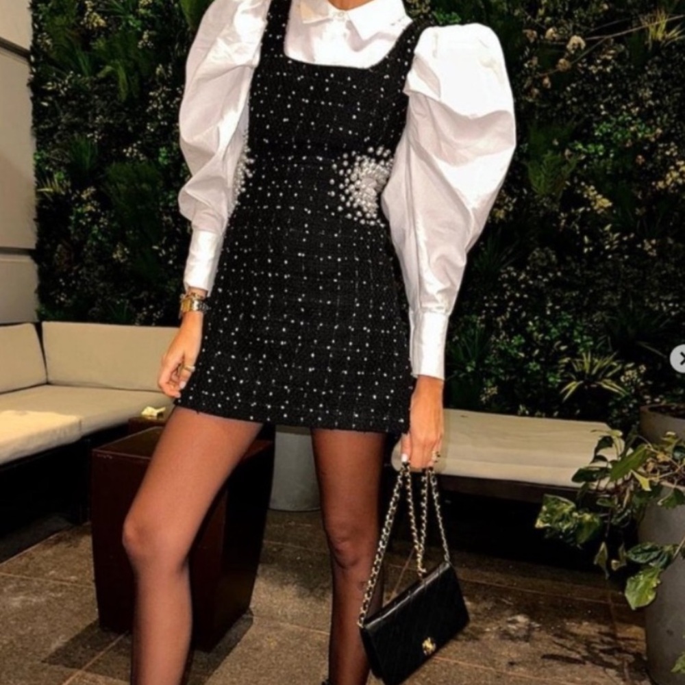 Zara Black & white tweed Mini Dress with Pearl Details - Picture 9 of 10